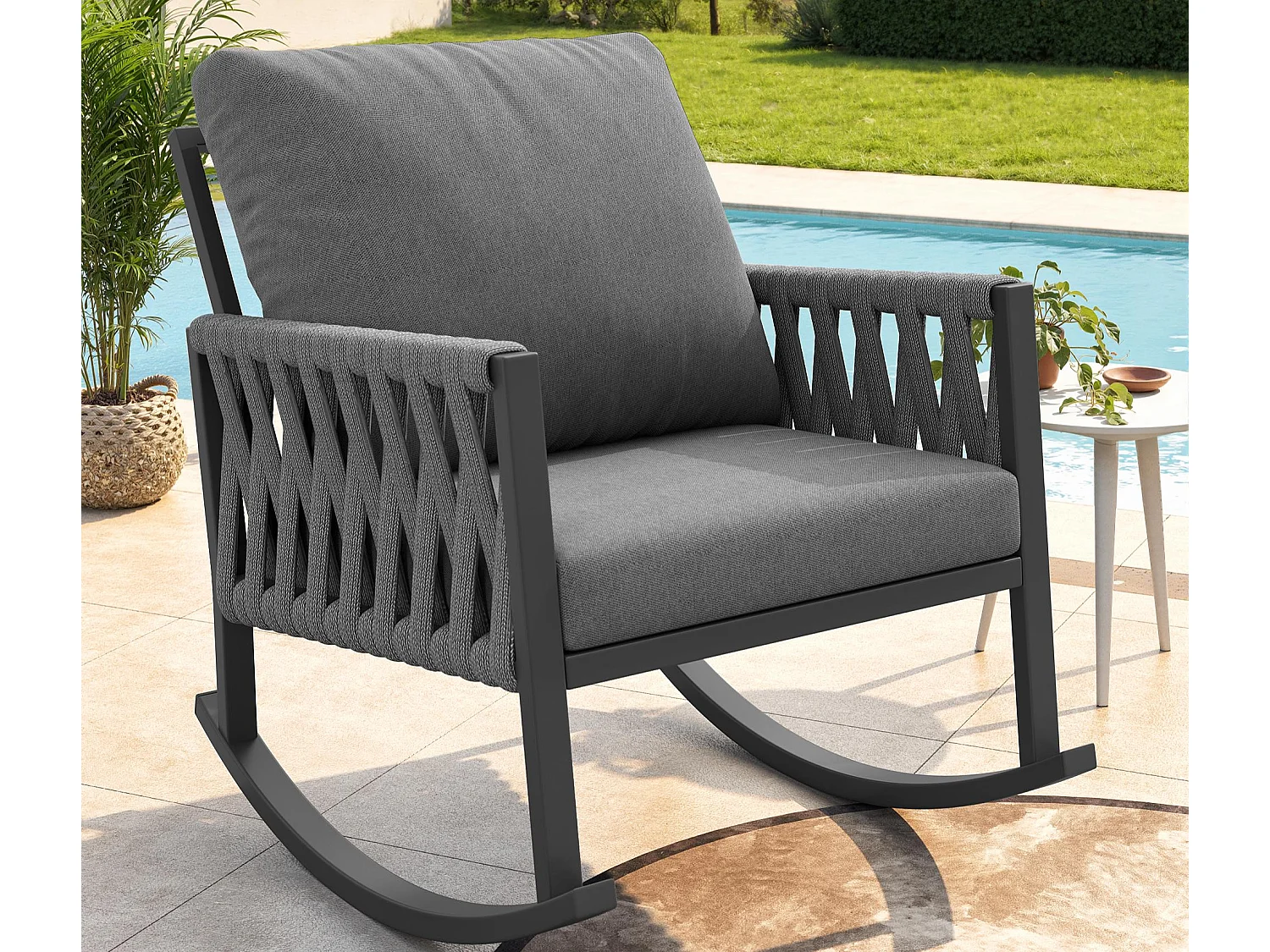 Fauteuil à Bascule de Jardin avec Dossier en Corde Tressée Croisée - Rocking Chair d'Extérieur Design Moderne - Structure Métal - Gris