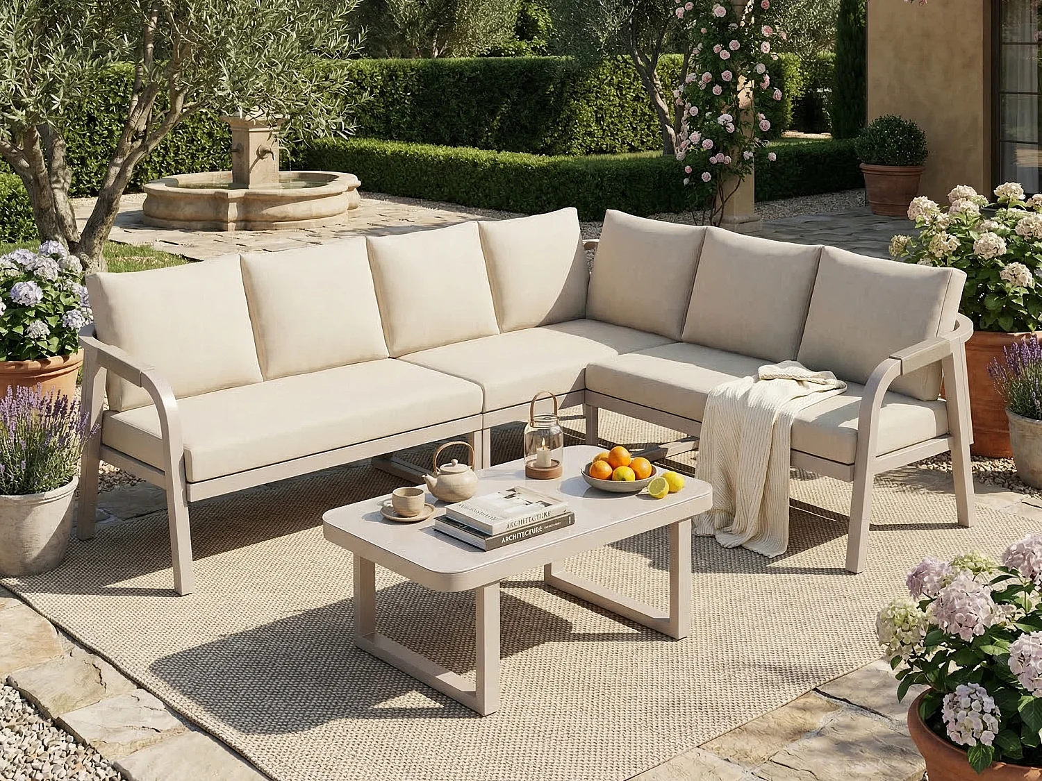 Salon de Jardin d'Angle 6 Places - Canapé en L avec Finition Corde Tressée - Table Basse en Verre Trempé - Acier Galvanisé Robuste - Beige