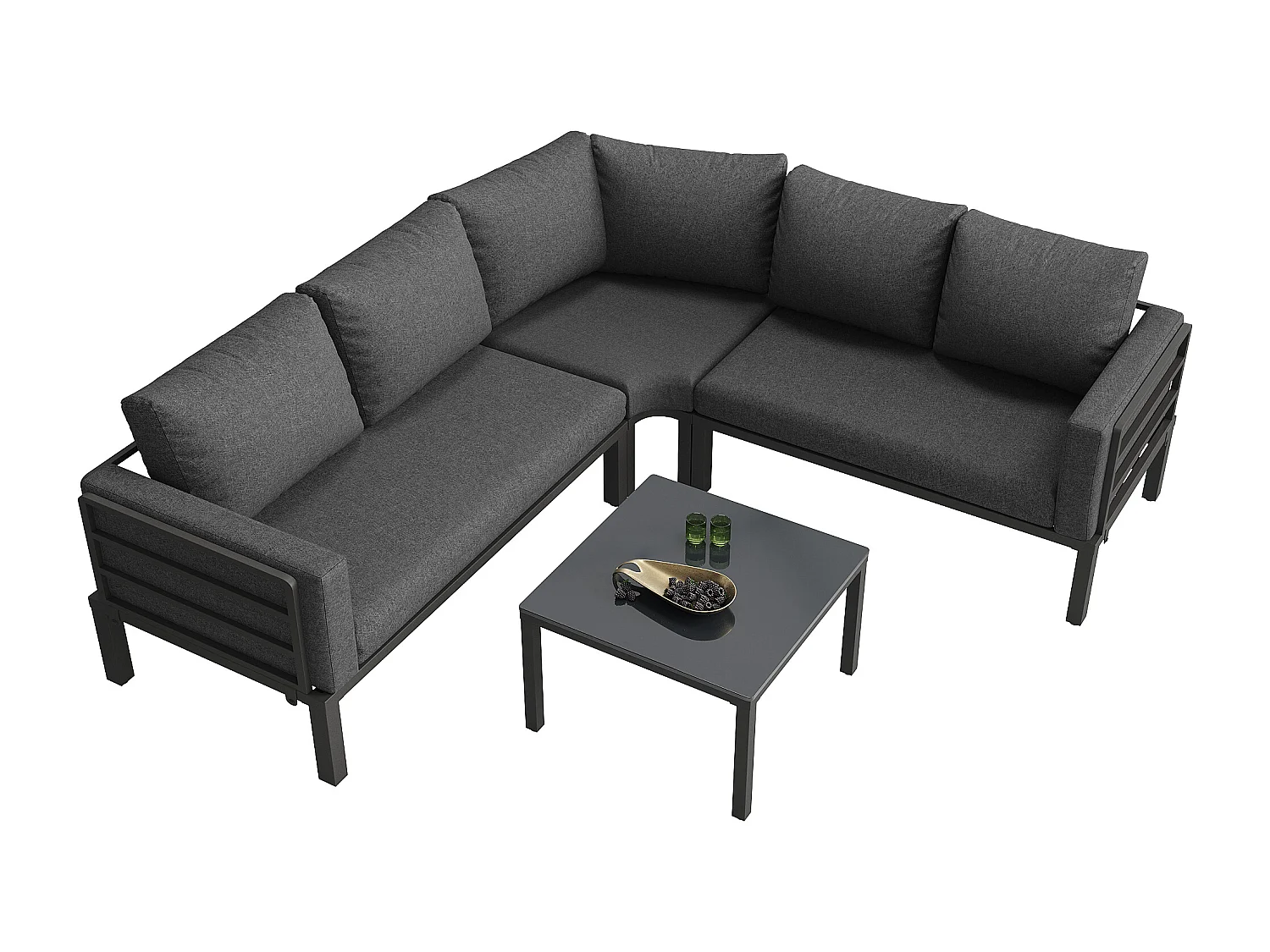 Sala de Jardim Modular 6 Lugares con Sofá de Canto e Cadeira de Balanço - Estrutura Metal e Corda Trançada - Mesa de Vidro - Cinza