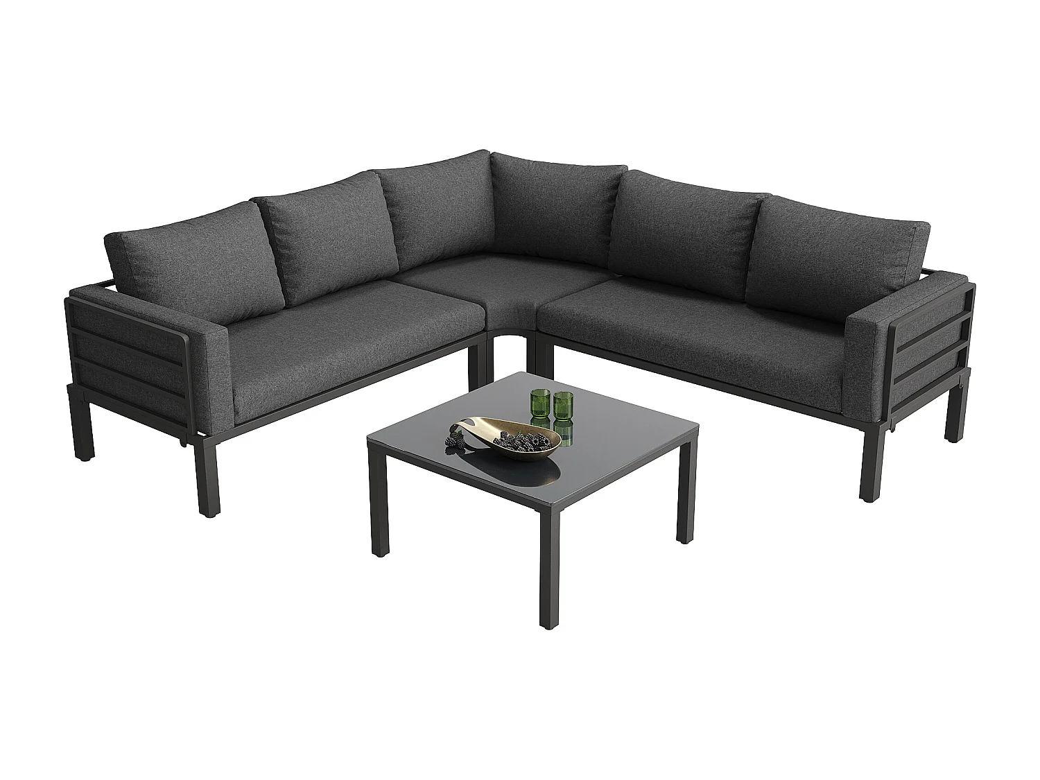 Sala de Jardim Modular 6 Lugares con Sofá de Canto e Cadeira de Balanço - Estrutura Metal e Corda Trançada - Mesa de Vidro - Cinza