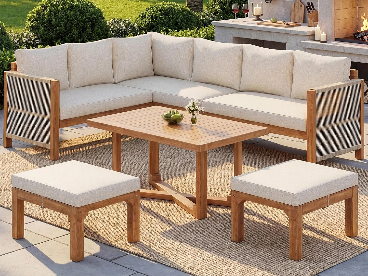 Modulares Garten-Set 6 Personen aus Massivholz Akazie - Ecksofa mit Geflochtener Kordel, 2 Hockern und Beistelltisch - Wasserabweisende Kissen - Natur
