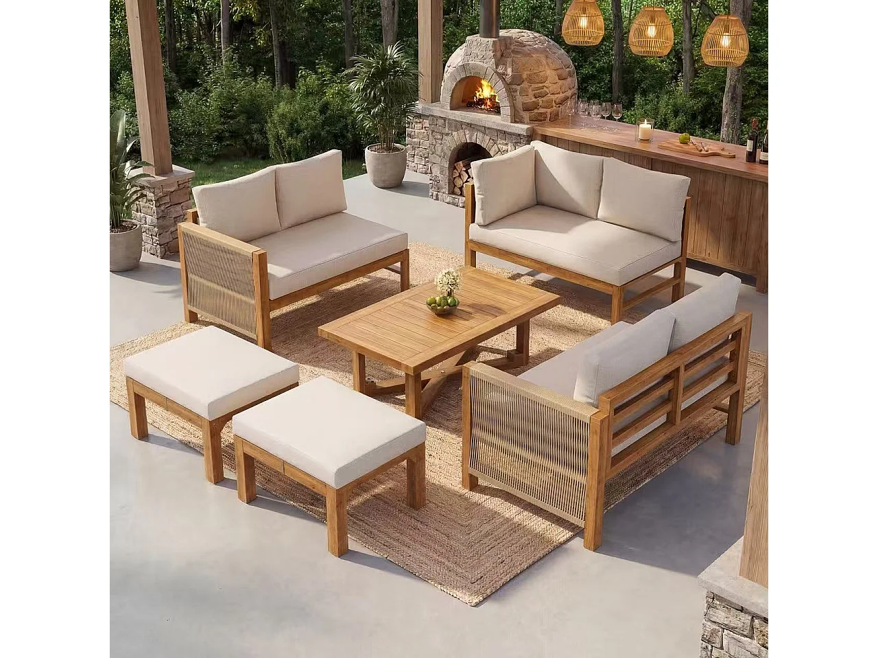 Modulares Garten-Set 6 Personen aus Massivholz Akazie - Ecksofa mit Geflochtener Kordel, 2 Hockern und Beistelltisch - Wasserabweisende Kissen - Natur