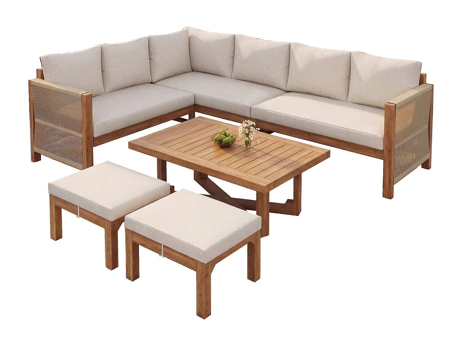 Modulares Garten-Set 6 Personen aus Massivholz Akazie - Ecksofa mit Geflochtener Kordel, 2 Hockern und Beistelltisch - Wasserabweisende Kissen - Natur
