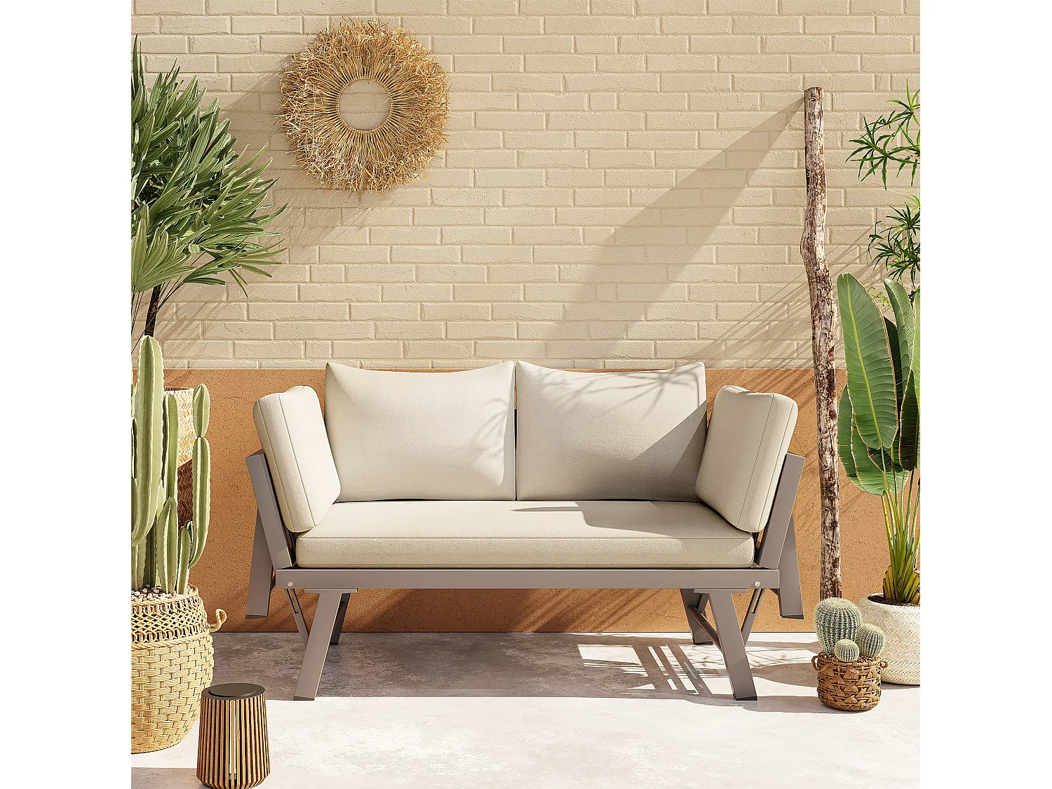 Canapé de Jardin 2 Places Convertible en Bain de Soleil - Accoudoirs Rabatables Multi-positions - Structure Acier Galvanisé - Beige