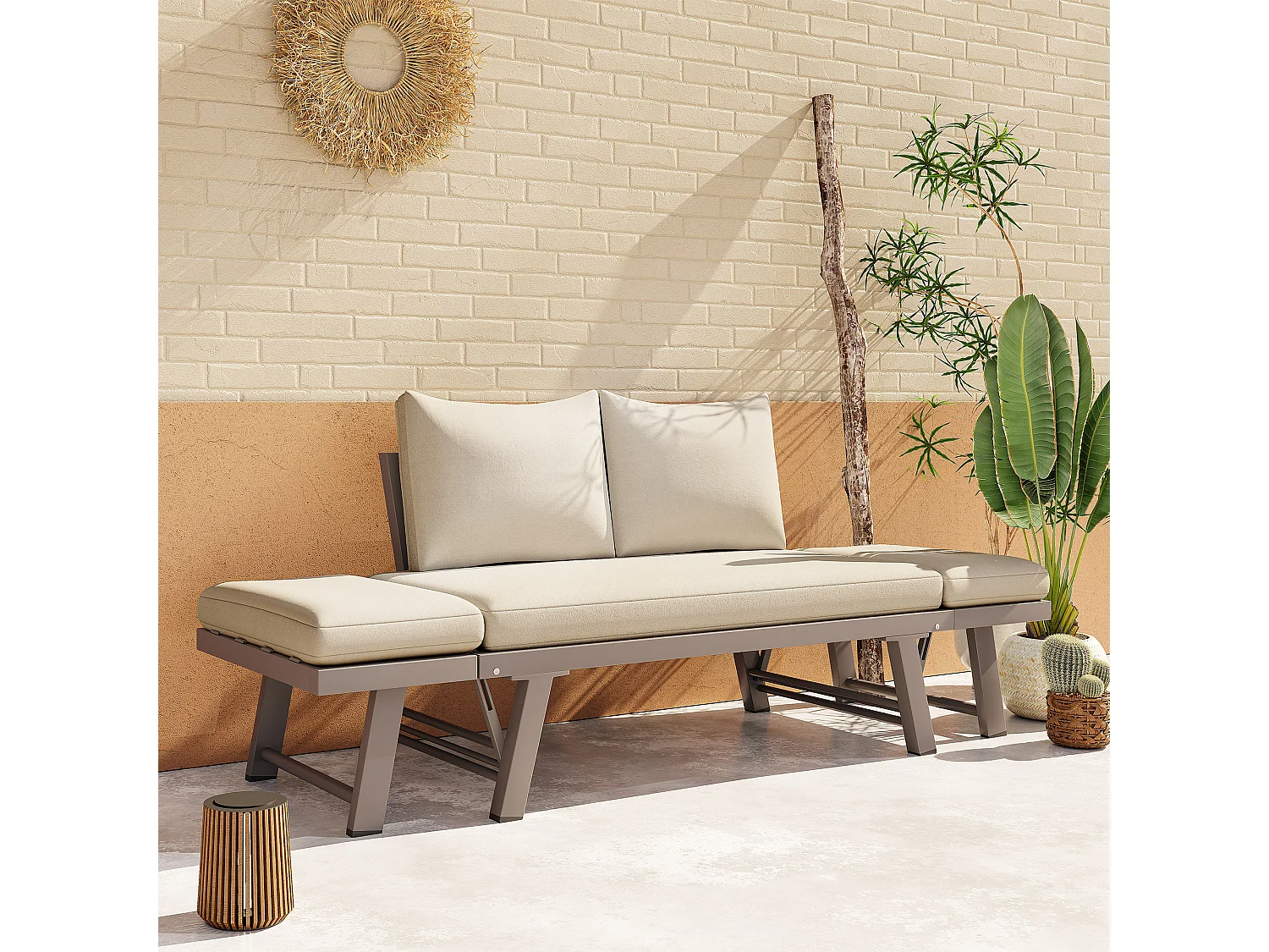 Canapé de Jardin 2 Places Convertible en Bain de Soleil - Accoudoirs Rabatables Multi-positions - Structure Acier Galvanisé - Beige