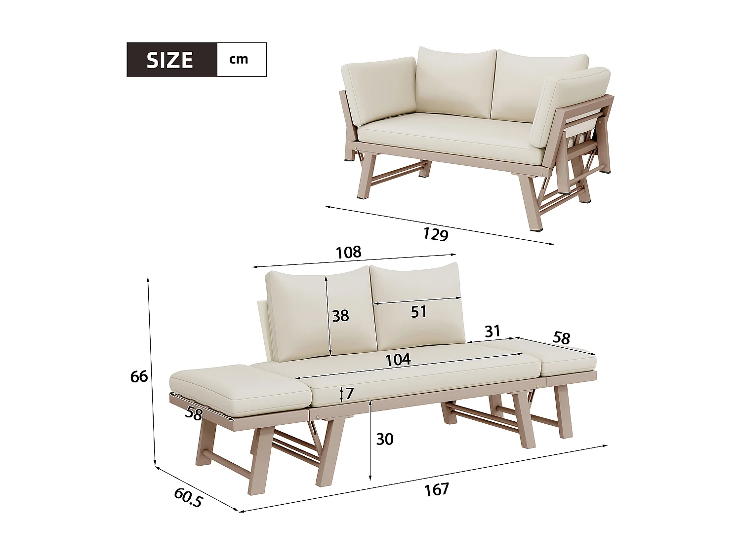 Canapé de Jardin 2 Places Convertible en Bain de Soleil - Accoudoirs Rabatables Multi-positions - Structure Acier Galvanisé - Beige