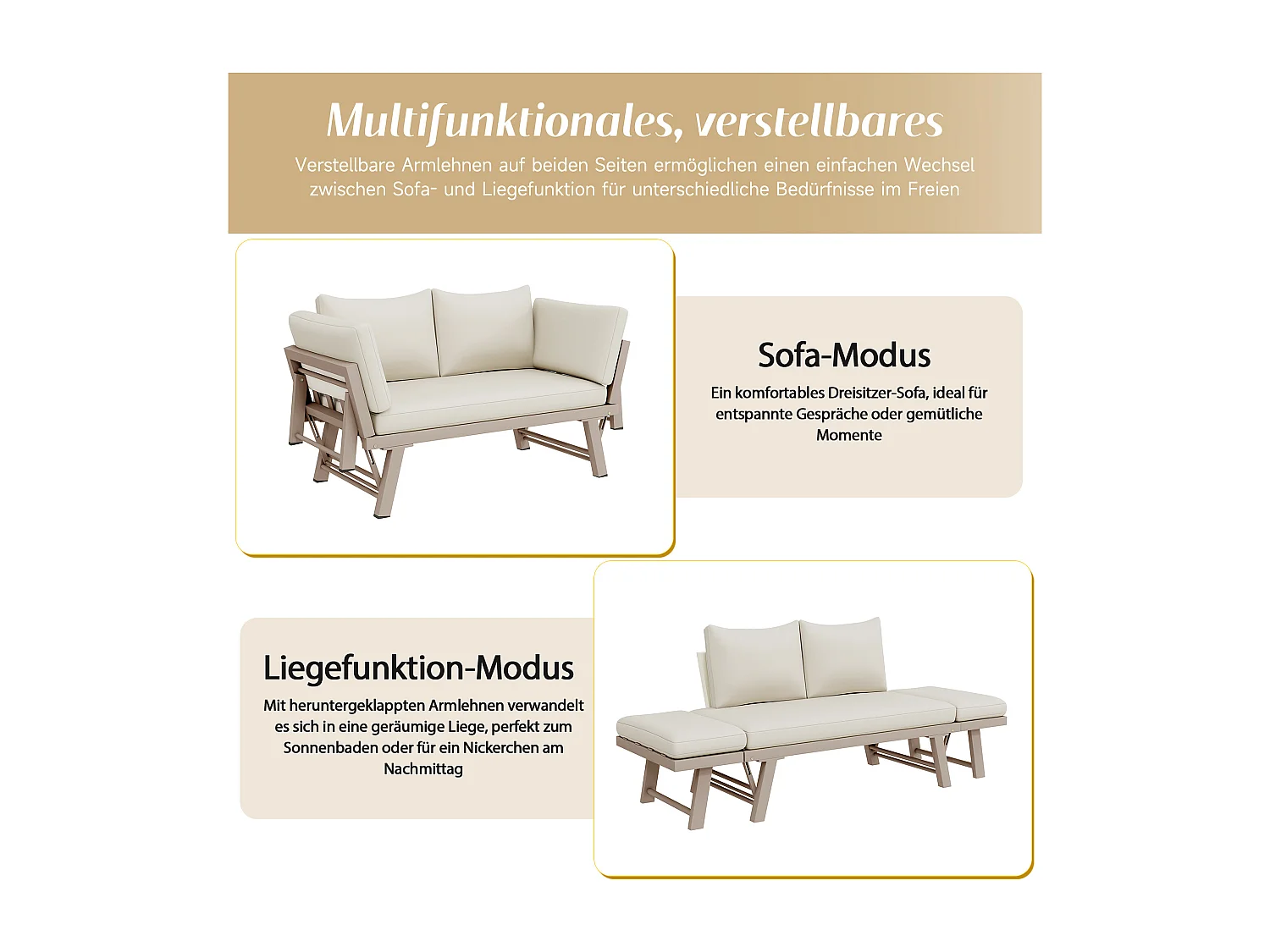 Canapé de Jardin 2 Places Convertible en Bain de Soleil - Accoudoirs Rabatables Multi-positions - Structure Acier Galvanisé - Beige