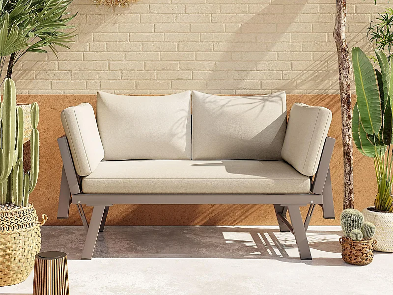 Tuinbank 2 Personen Omslaapbaar tot Zonnelounger - Omklapbare Veelvoudige Stand Armleuningen - Frame van Gegalvaniseerd Staal - Beige