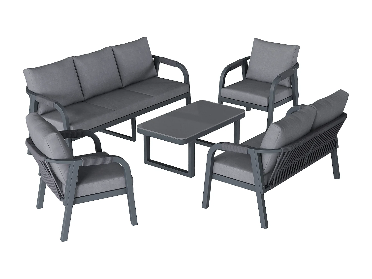 Salon de Jardin 7 Places - Ensemble de 5 Pièces avec Canapé 3 places, 2 places, 2 Fauteuils et Table Basse - Corde Tressée - Acier Galvanisé - Gris Anthracite