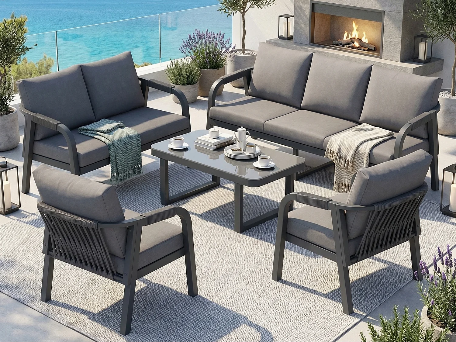 Salon de Jardin 7 Places - Ensemble de 5 Pièces avec Canapé 3 places, 2 places, 2 Fauteuils et Table Basse - Corde Tressée - Acier Galvanisé - Gris Anthracite