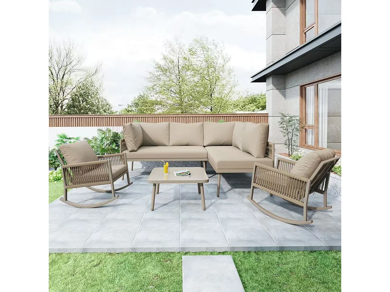Modulares Garten-Set mit 2 Schaukelstühlen und Ecksofa - Design aus Geflochtener Kordel und Metall - Atmungsaktive Kissen - Sand/Beige