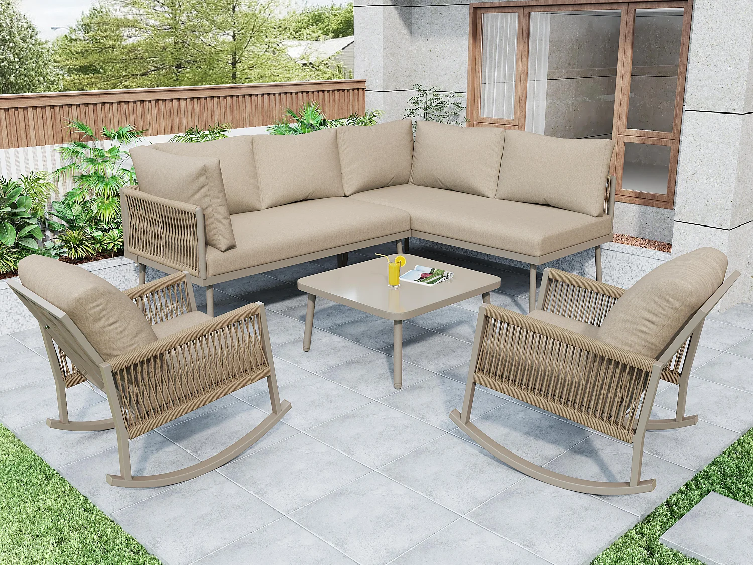 Modulares Garten-Set mit 2 Schaukelstühlen und Ecksofa - Design aus Geflochtener Kordel und Metall - Atmungsaktive Kissen - Sand/Beige