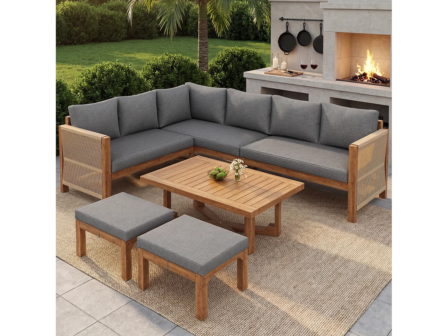 Modulares Garten-Set 6 Personen aus Massivholz Akazie - Ecksofa mit Geflochtener Kordel, 2 Hockern und Beistelltisch - Wasserabweisende Kissen - Grau