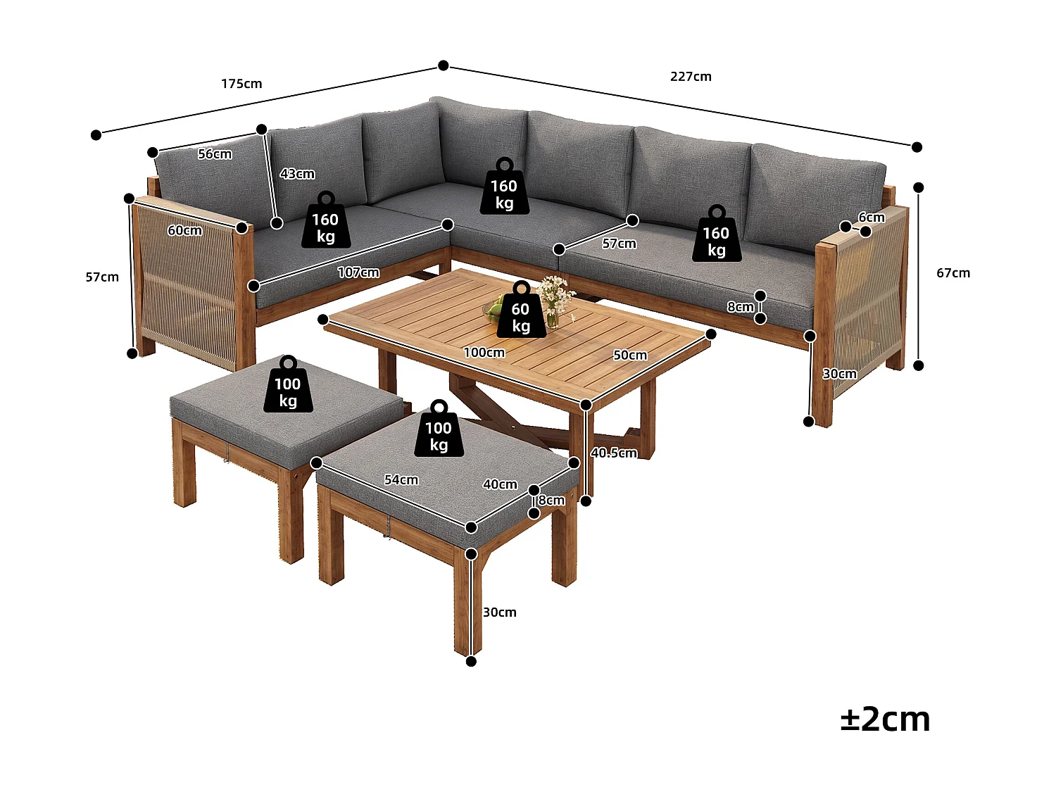 Modulares Garten-Set 6 Personen aus Massivholz Akazie - Ecksofa mit Geflochtener Kordel, 2 Hockern und Beistelltisch - Wasserabweisende Kissen - Grau