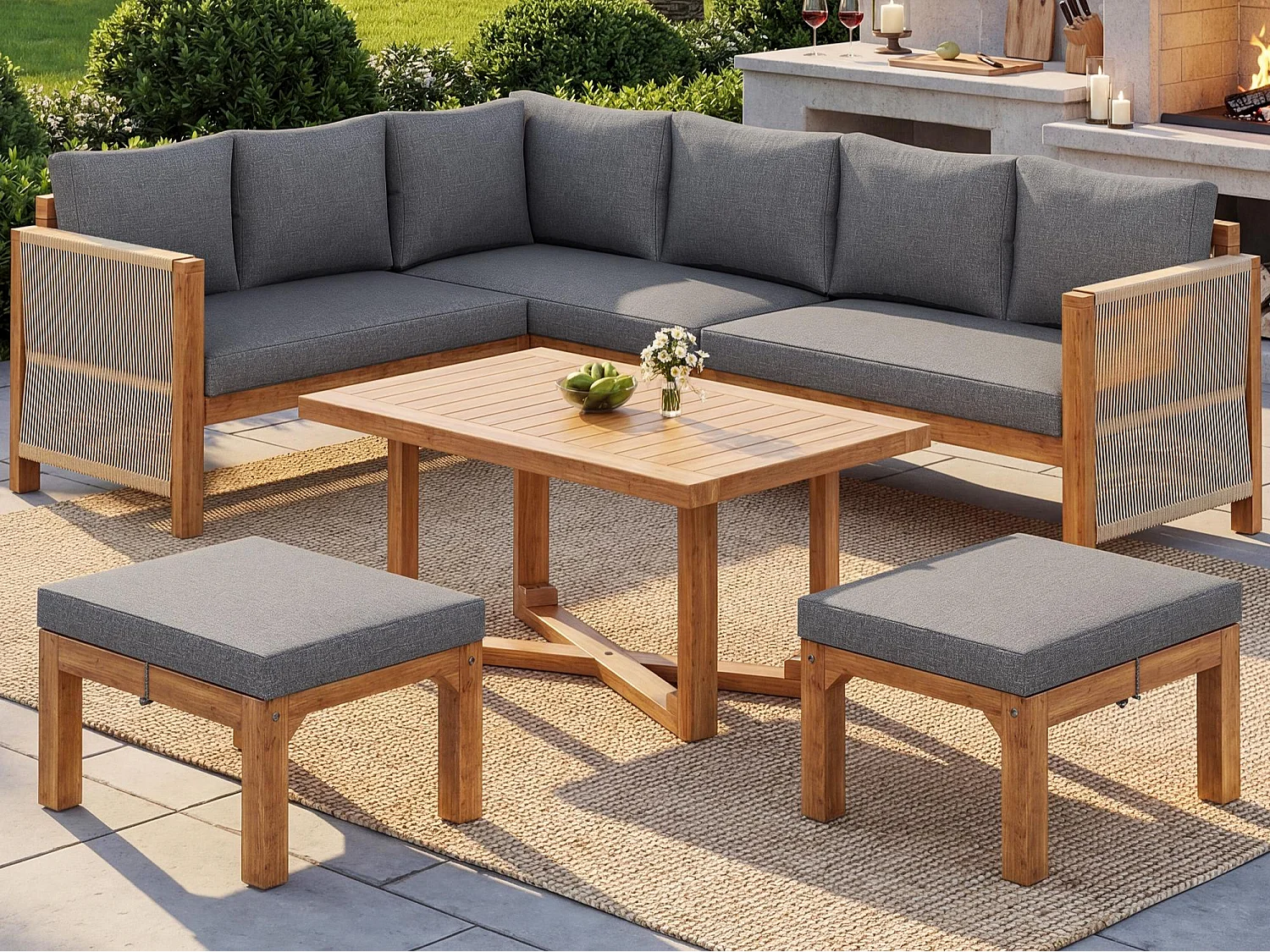 Modulares Garten-Set 6 Personen aus Massivholz Akazie - Ecksofa mit Geflochtener Kordel, 2 Hockern und Beistelltisch - Wasserabweisende Kissen - Grau