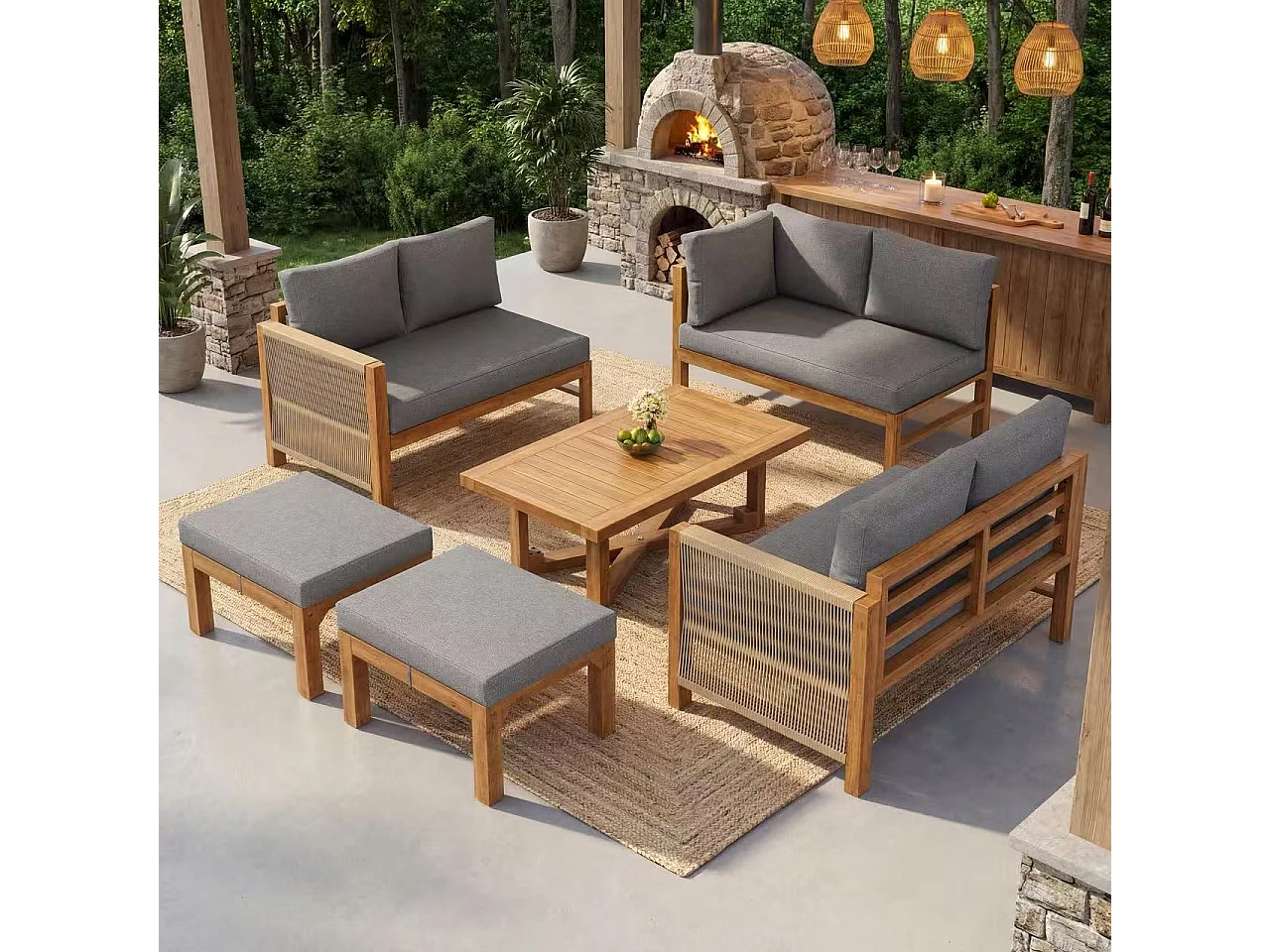 Modulares Garten-Set 6 Personen aus Massivholz Akazie - Ecksofa mit Geflochtener Kordel, 2 Hockern und Beistelltisch - Wasserabweisende Kissen - Grau