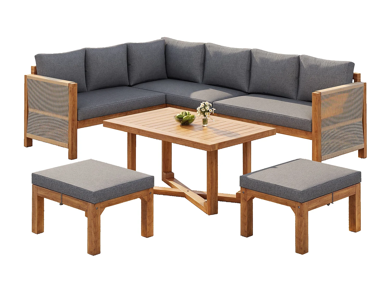 Modulares Garten-Set 6 Personen aus Massivholz Akazie - Ecksofa mit Geflochtener Kordel, 2 Hockern und Beistelltisch - Wasserabweisende Kissen - Grau