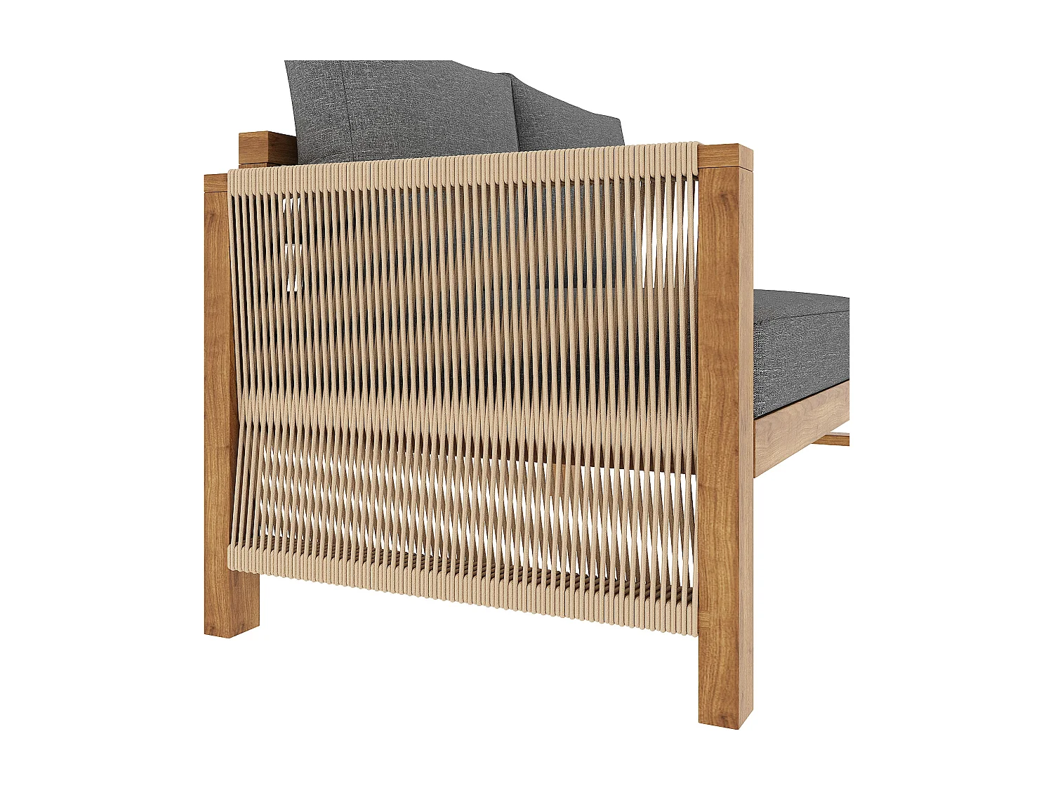 Modulares Garten-Set 6 Personen aus Massivholz Akazie - Ecksofa mit Geflochtener Kordel, 2 Hockern und Beistelltisch - Wasserabweisende Kissen - Grau