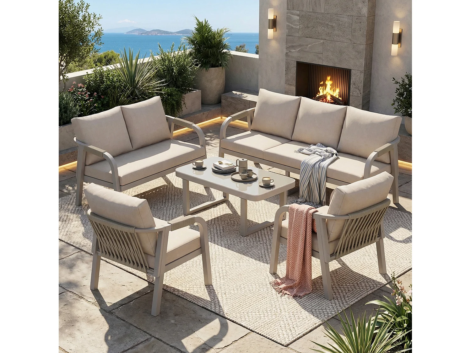 Salon de Jardin 7 Places - Ensemble de 5 Pièces avec Canapé 3 places, 2 places, 2 Fauteuils et Table Basse - Corde Tressée - Acier Galvanisé - Beige