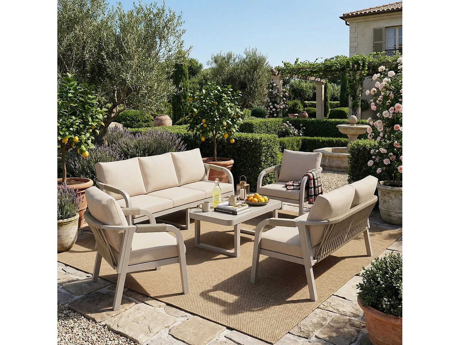 Salon de Jardin 7 Places - Ensemble de 5 Pièces avec Canapé 3 places, 2 places, 2 Fauteuils et Table Basse - Corde Tressée - Acier Galvanisé - Beige