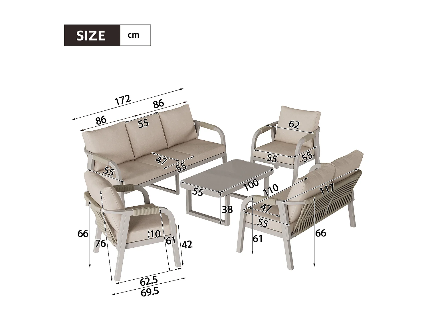 Salon de Jardin 7 Places - Ensemble de 5 Pièces avec Canapé 3 places, 2 places, 2 Fauteuils et Table Basse - Corde Tressée - Acier Galvanisé - Beige