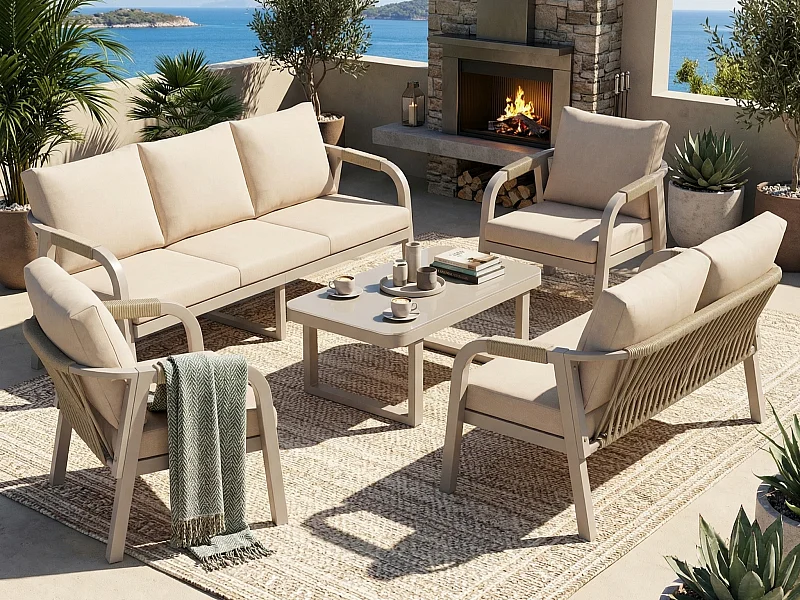Salón de Jardín 7 Plazas - Conjunto de 5 Piezas con Sofá 3 plazas, 2 plazas, 2 Sillones y Mesa de Centro - Cuerda Trenzada - Acero Galvanizado - Beige