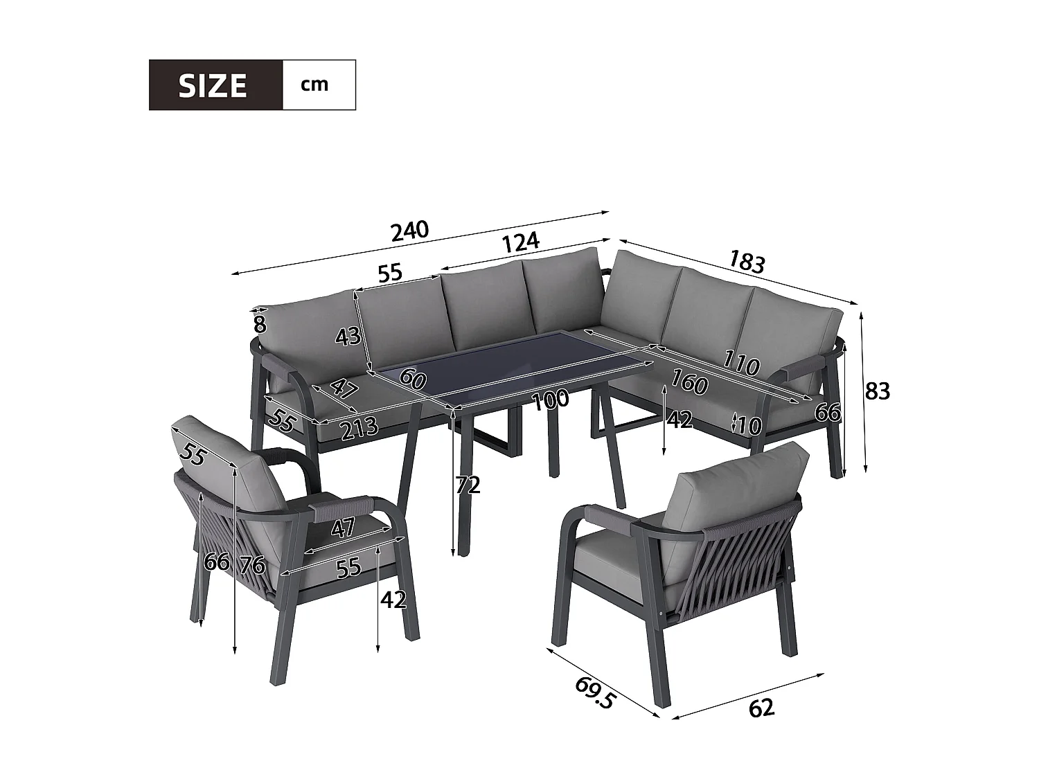 Salon Ogrodowy XL 8 Osób - Zestaw Jadalniany Narożny ze Stojącym Stołem i 2 Fotelami - Wykończenie z Plecionego Sznurka - Wytrzymała Stal Ocynkowana - Szary