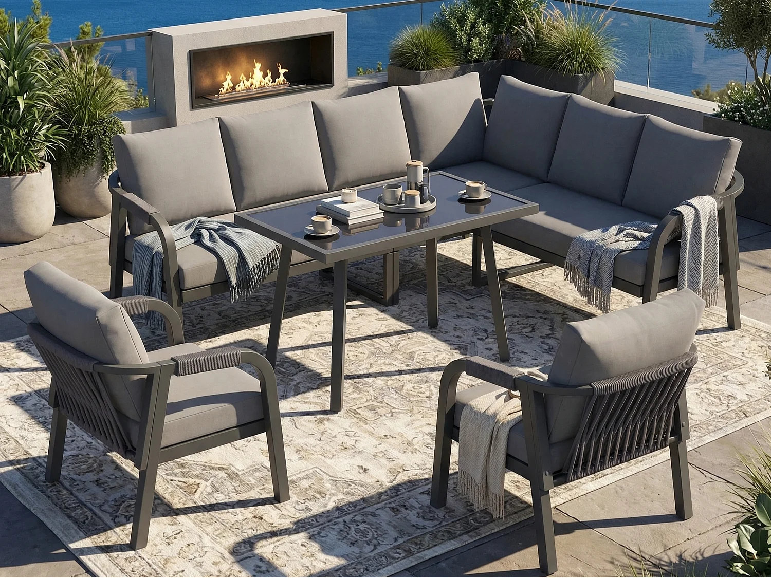 Salon Ogrodowy XL 8 Osób - Zestaw Jadalniany Narożny ze Stojącym Stołem i 2 Fotelami - Wykończenie z Plecionego Sznurka - Wytrzymała Stal Ocynkowana - Szary