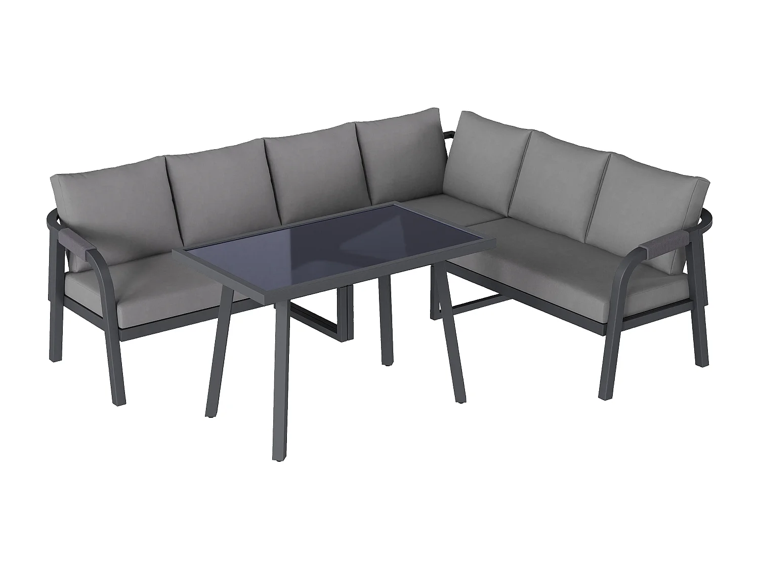6-sitsig hörnmatgrupp - L-formad soffa med högt glasbord - Flätad repfinish - Robust galvaniserat stål - Grå