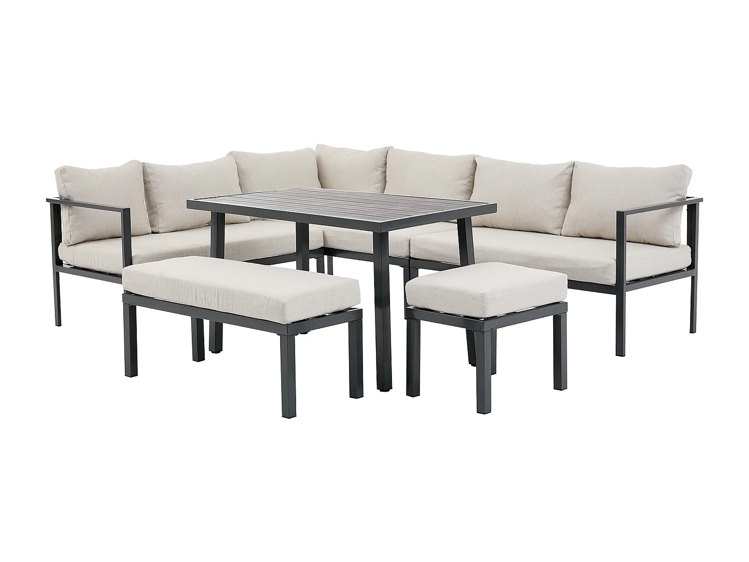 Grand Salon de Jardin 9 Places avec Table de Repas en Bois Composite - Ensemble Canapé d'Angle, Banc et Tabouret - Acier Galvanisé - Beige