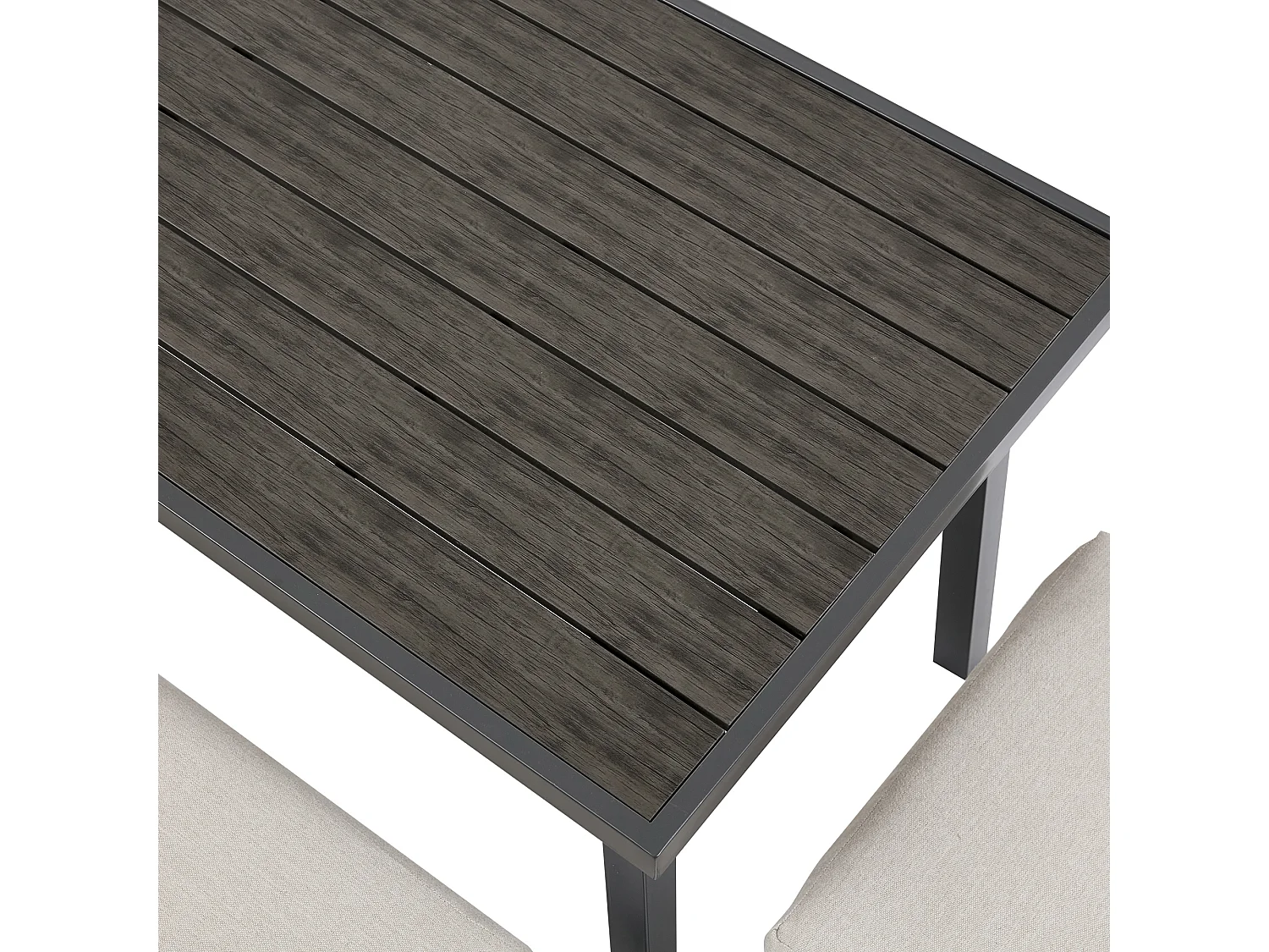 Grand Salon de Jardin 9 Places avec Table de Repas en Bois Composite - Ensemble Canapé d'Angle, Banc et Tabouret - Acier Galvanisé - Beige