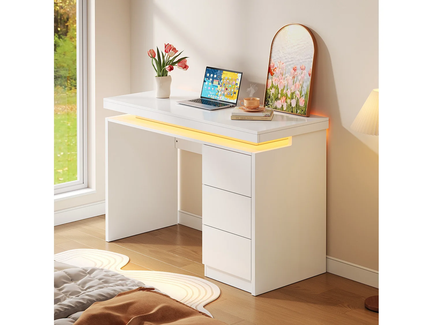 Moderner Schreibtisch mit LED-Beleuchtung 120×50×78,5 cm - Mit 3 Schubladen - Erweiterte und verlängerte Tischplatte - Verstärkte Füße - MDF - Weiß