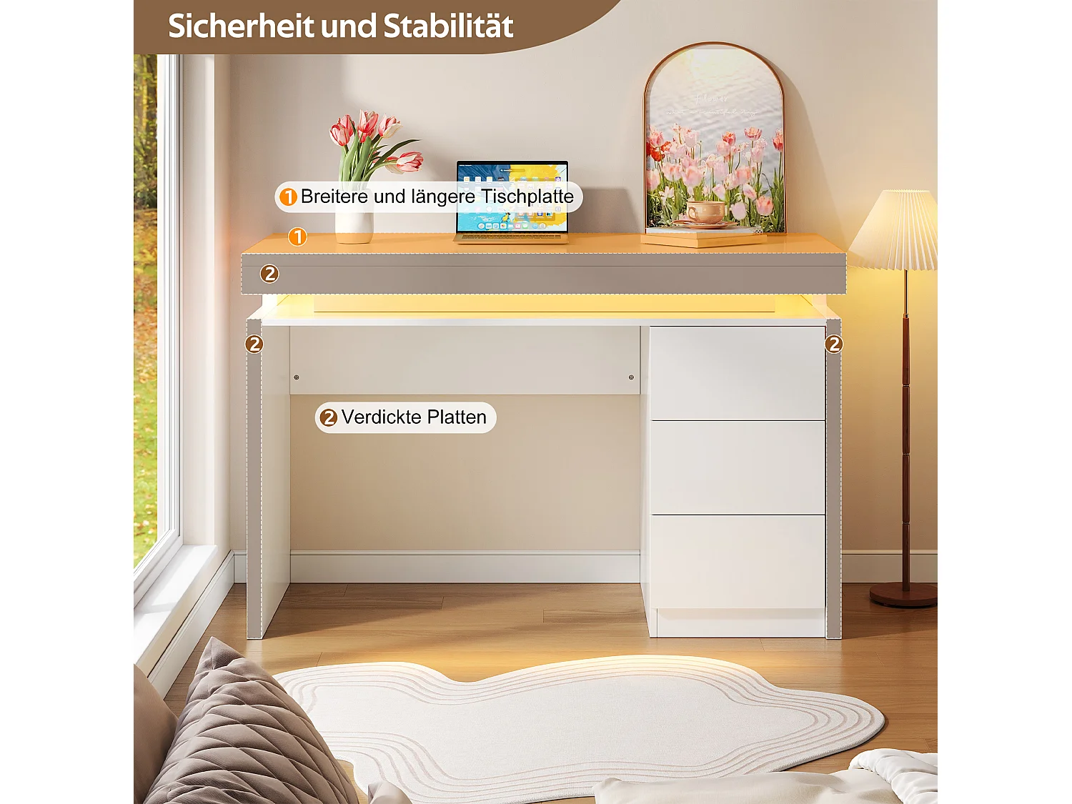 Moderner Schreibtisch mit LED-Beleuchtung 120×50×78,5 cm - Mit 3 Schubladen - Erweiterte und verlängerte Tischplatte - Verstärkte Füße - MDF - Weiß