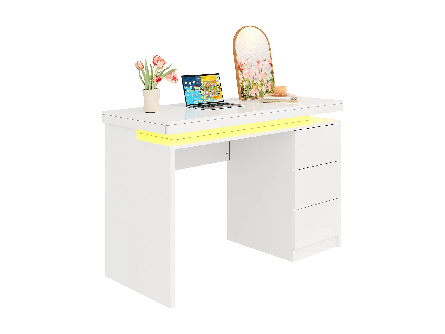 Moderner Schreibtisch mit LED-Beleuchtung 120×50×78,5 cm - Mit 3 Schubladen - Erweiterte und verlängerte Tischplatte - Verstärkte Füße - MDF - Weiß