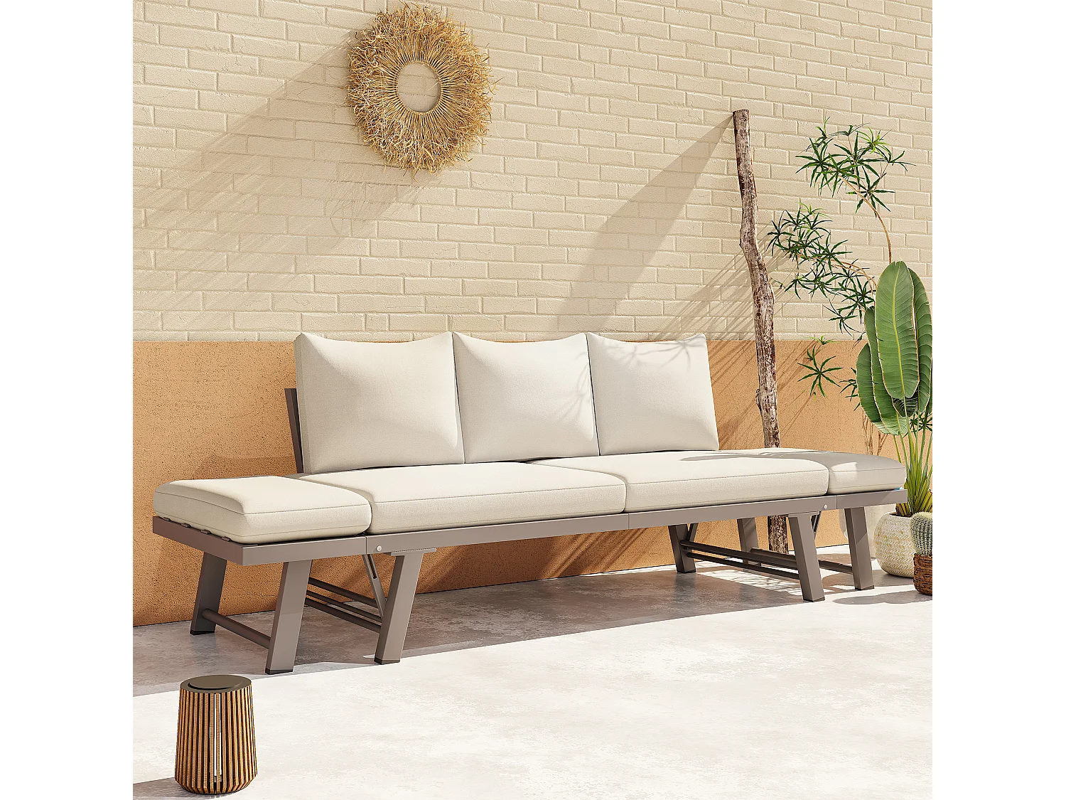 Canapé de Jardin 3 Places Convertible en Lit de Repos - Accoudoirs Rabatables Multi-positions - Structure Acier Galvanisé - Beige