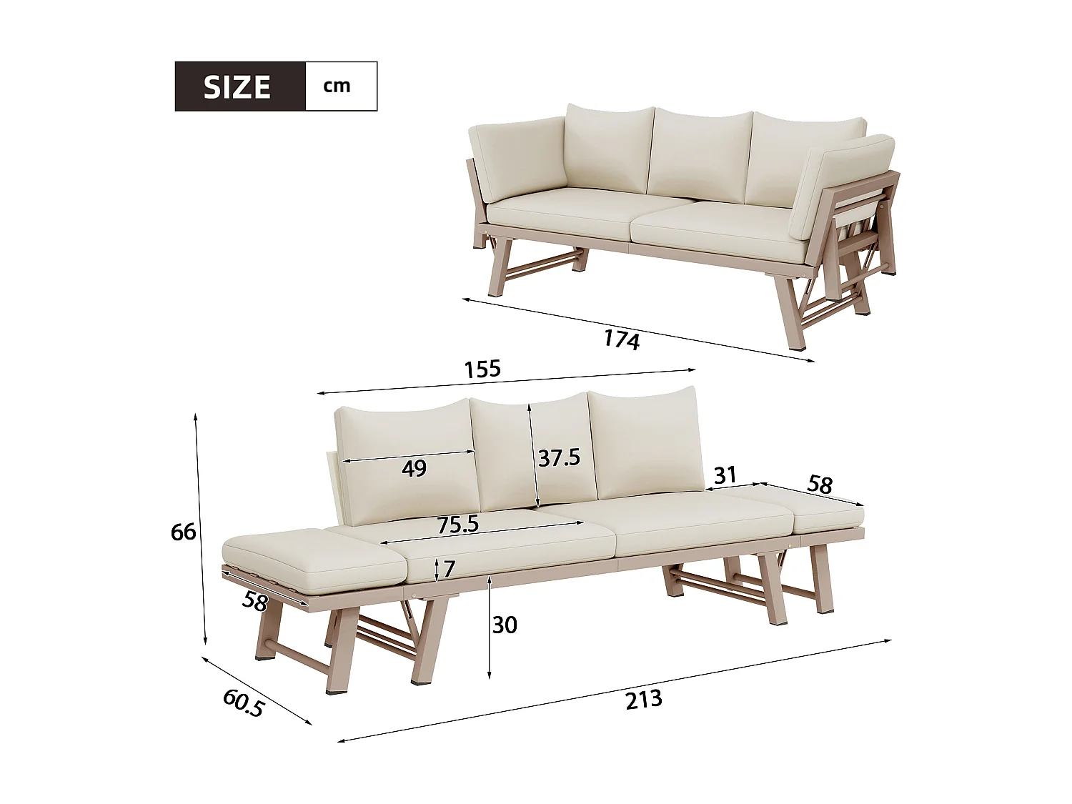 Canapé de Jardin 3 Places Convertible en Lit de Repos - Accoudoirs Rabatables Multi-positions - Structure Acier Galvanisé - Beige