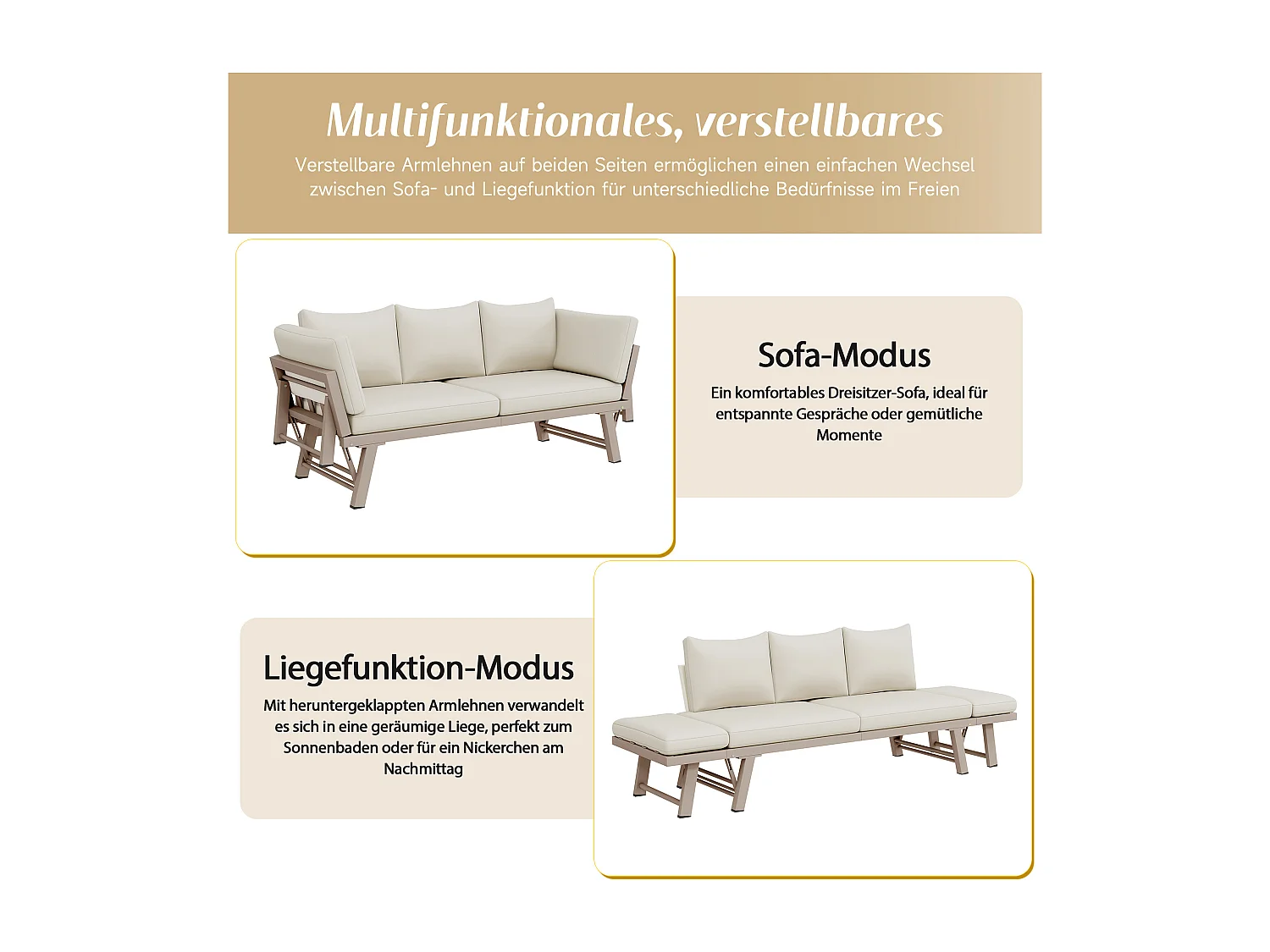 Canapé de Jardin 3 Places Convertible en Lit de Repos - Accoudoirs Rabatables Multi-positions - Structure Acier Galvanisé - Beige