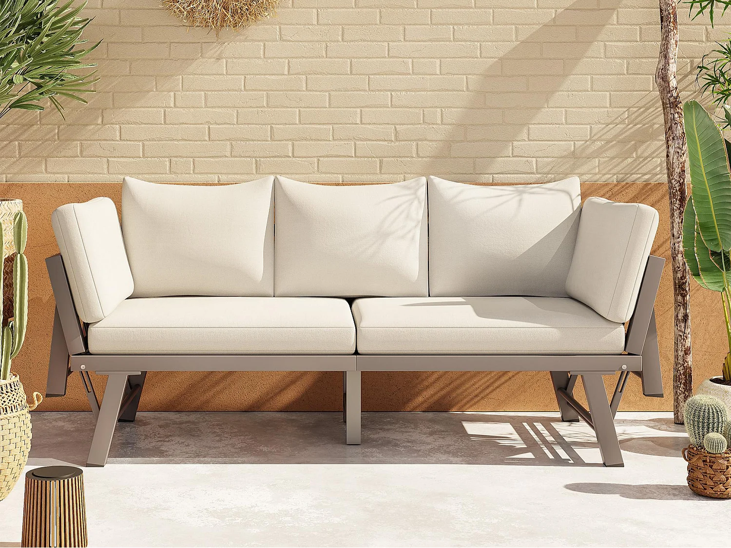 Canapé de Jardin 3 Places Convertible en Lit de Repos - Accoudoirs Rabatables Multi-positions - Structure Acier Galvanisé - Beige