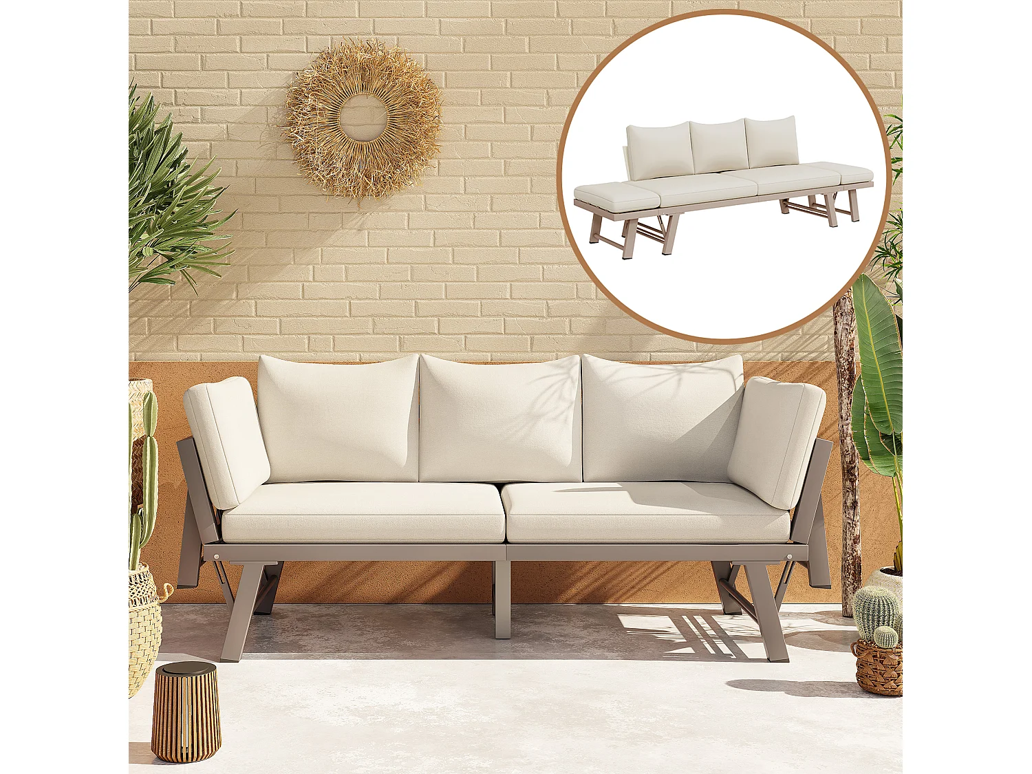Canapé de Jardin 3 Places Convertible en Lit de Repos - Accoudoirs Rabatables Multi-positions - Structure Acier Galvanisé - Beige