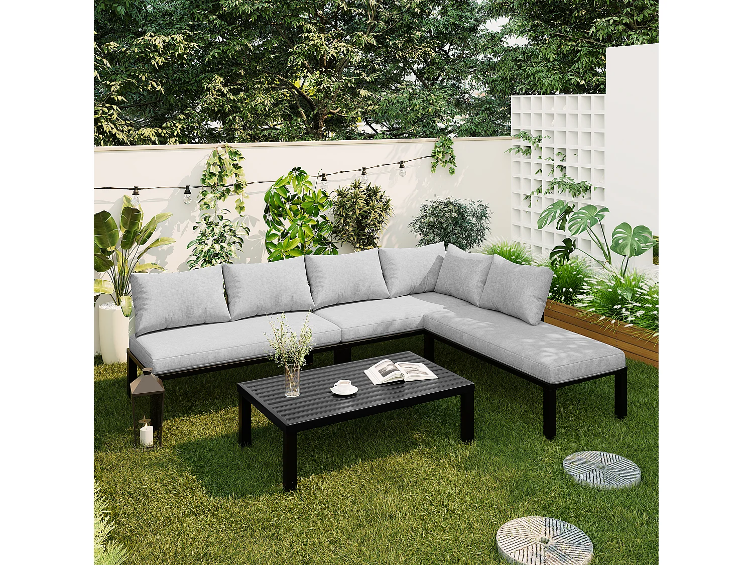 Sala de Jardim Modular 6 Lugares con Mesa de Centro - Sofá de Canto con Encosto Removível - Estrutura de Aço Galvanizado - Cinza