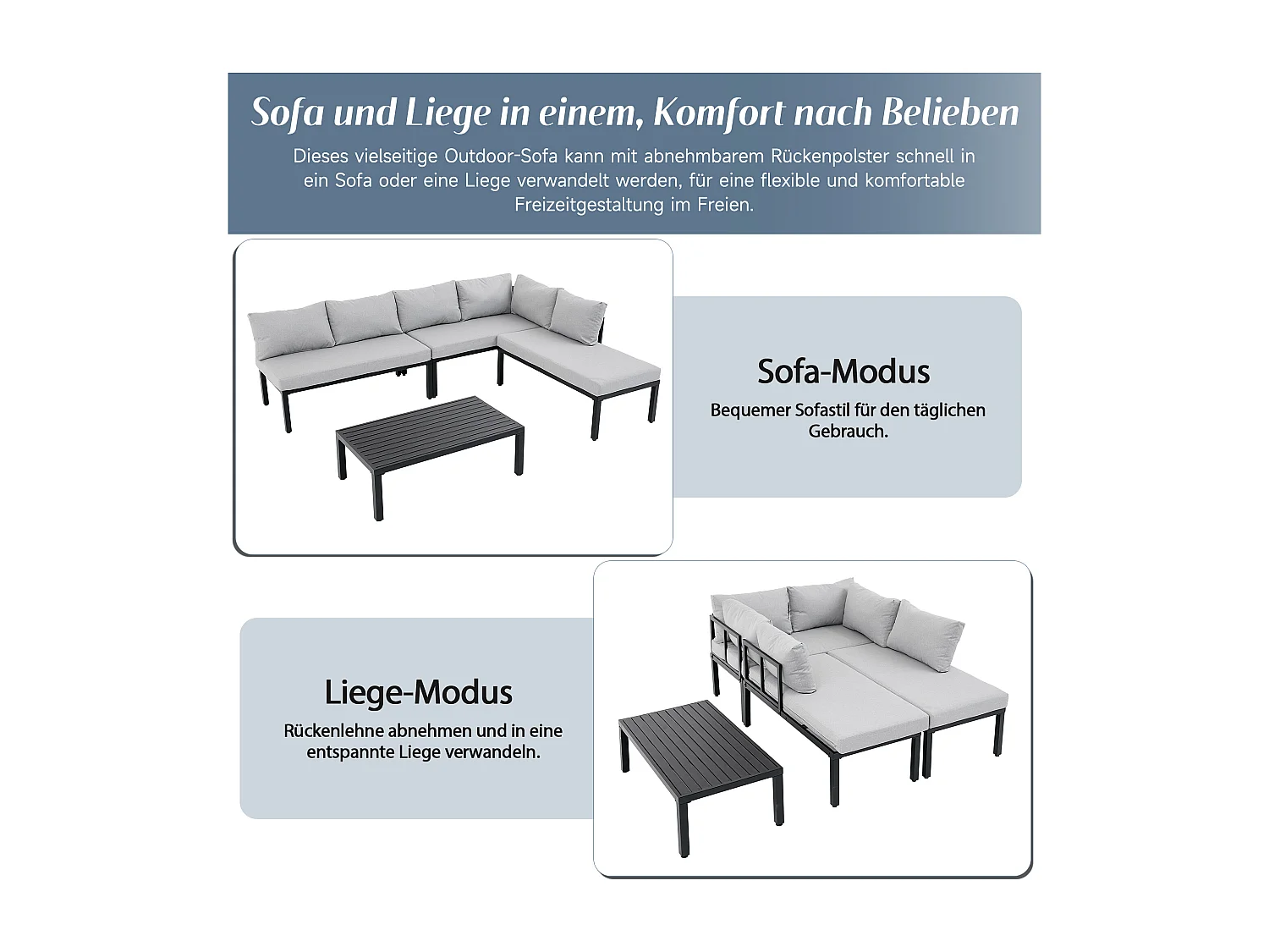 Sala de Jardim Modular 6 Lugares con Mesa de Centro - Sofá de Canto con Encosto Removível - Estrutura de Aço Galvanizado - Cinza