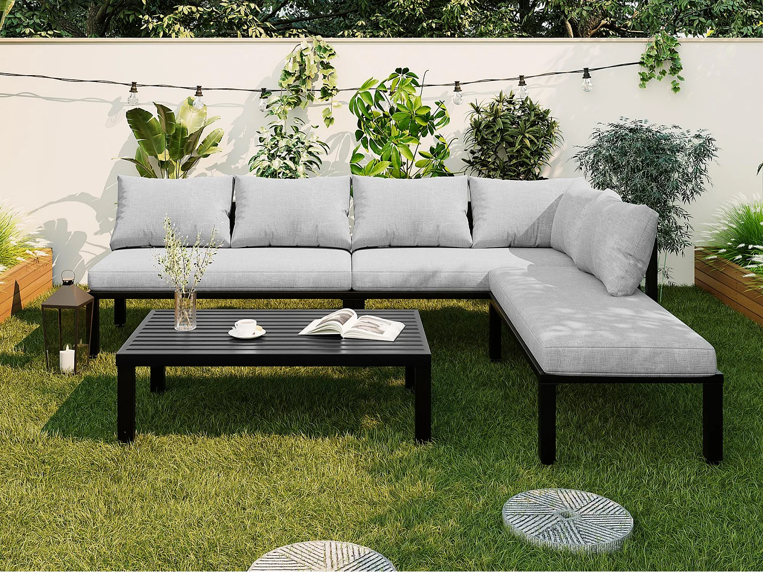 Salon de Jardin Modulable 6 Places avec Table Basse - Canapé d'Angle avec Dossiers Amovibles - Structure en Acier Galvanisé - Gris