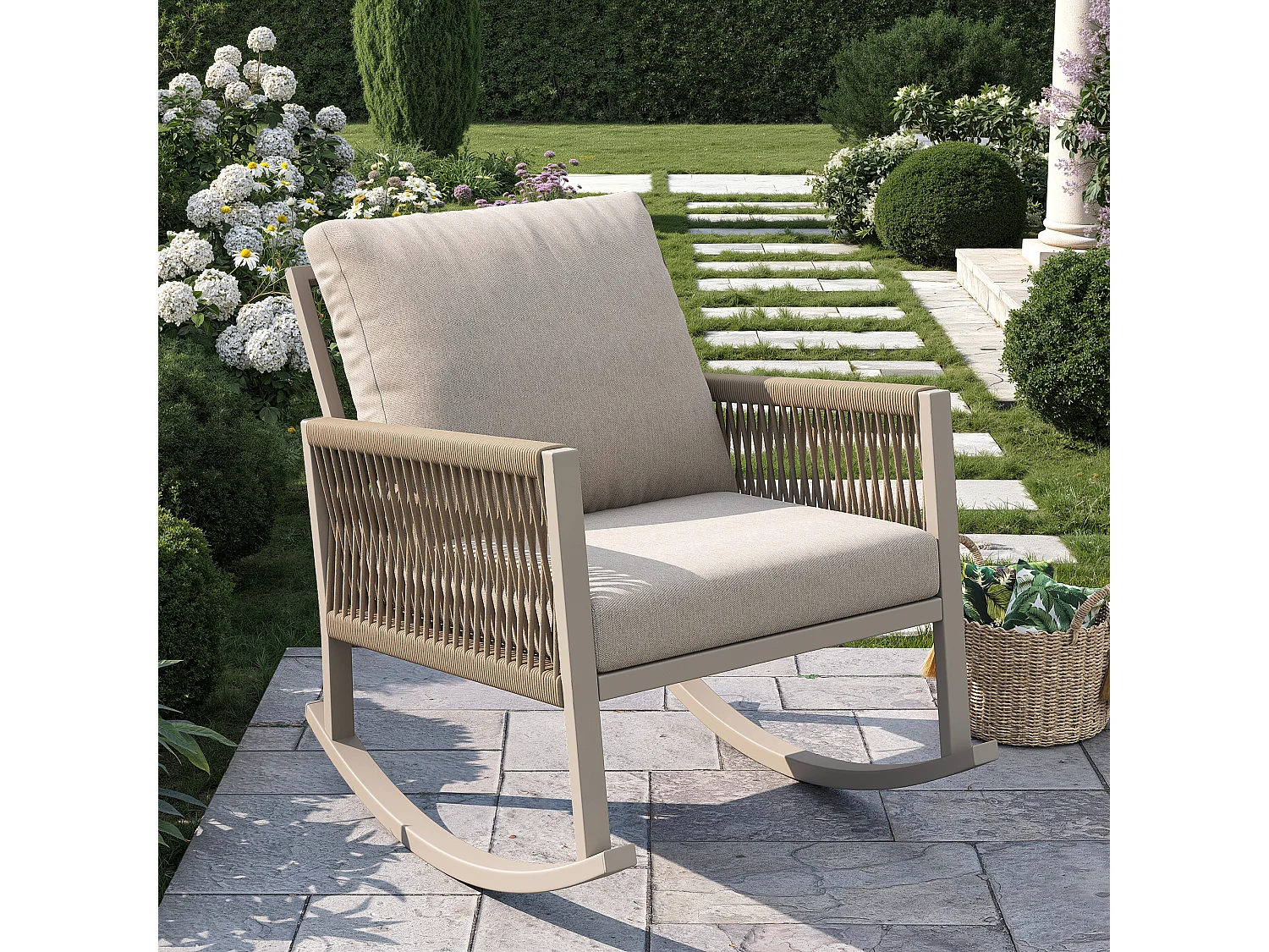 Tuin Schommelstoel met Kruisgevlochten Koord Armleuningen - Moderne Design Buitenschommelstoel - Metalen Frame - Beige