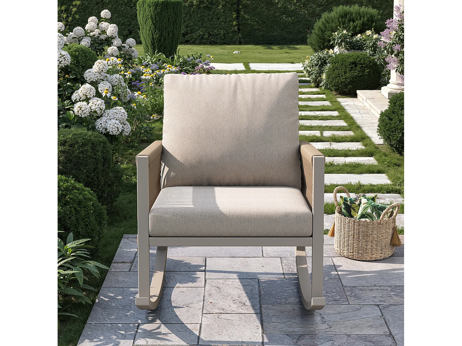 Tuin Schommelstoel met Kruisgevlochten Koord Armleuningen - Moderne Design Buitenschommelstoel - Metalen Frame - Beige