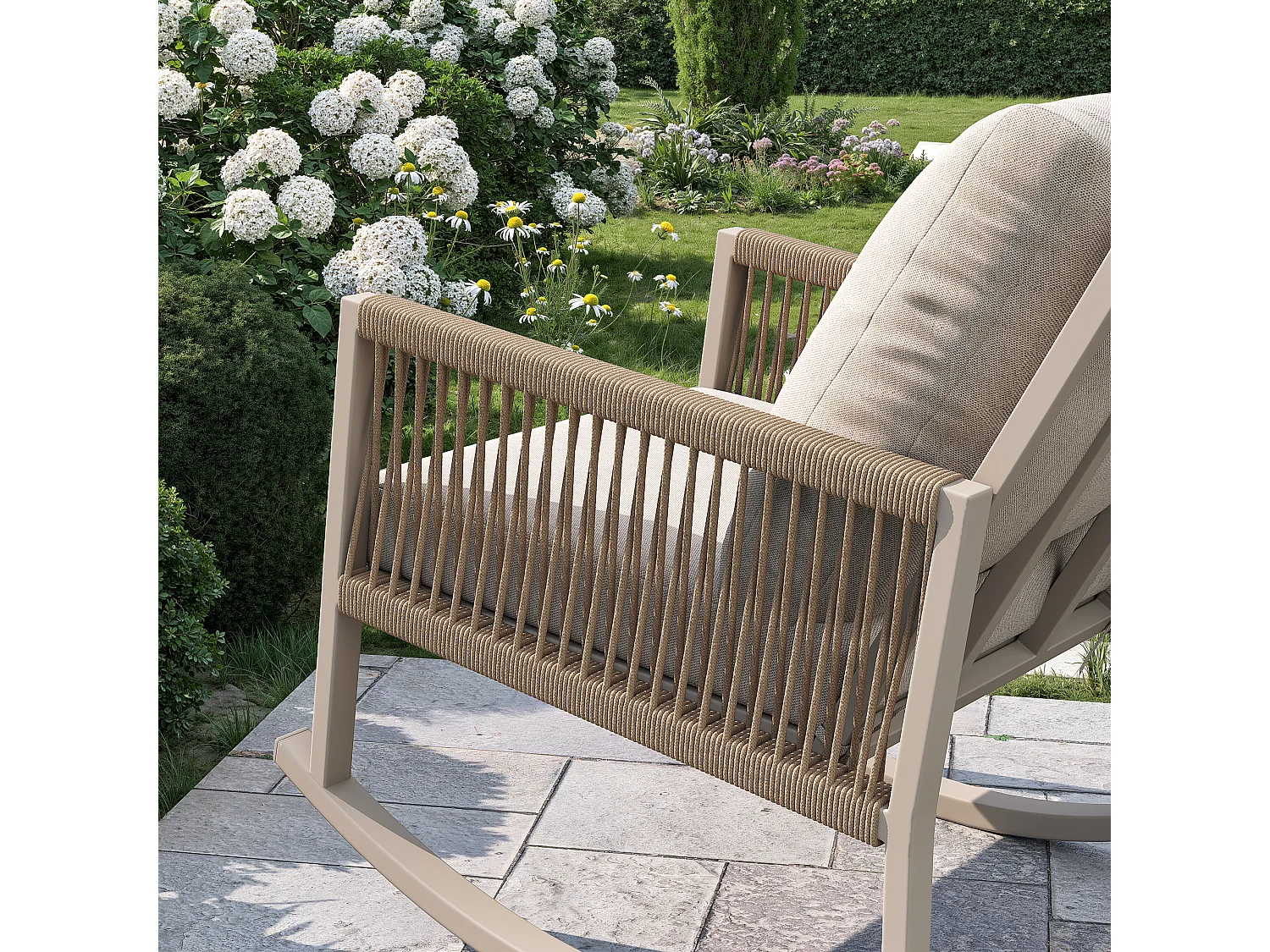 Tuin Schommelstoel met Kruisgevlochten Koord Armleuningen - Moderne Design Buitenschommelstoel - Metalen Frame - Beige