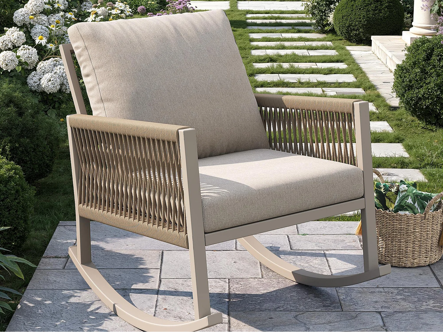 Fauteuil à Bascule de Jardin avec Accoudoirs en Corde Tressée Croisée - Rocking Chair d'Extérieur Design Moderne - Structure Métal - Beige