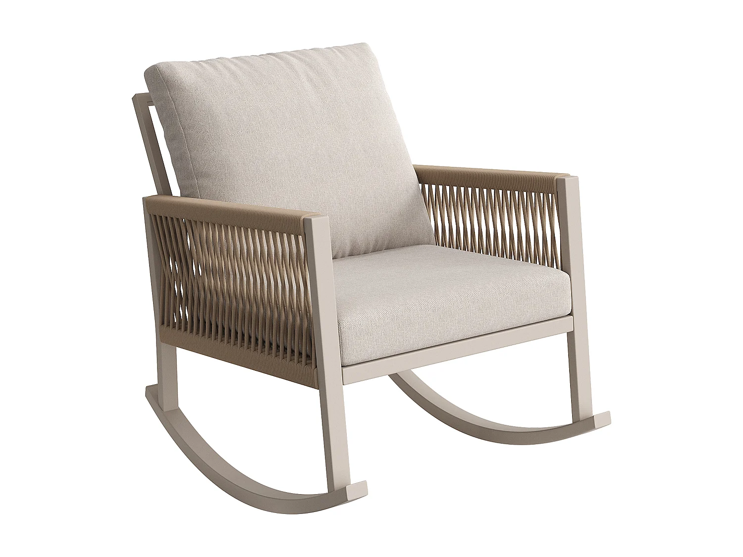 Fauteuil à Bascule de Jardin avec Accoudoirs en Corde Tressée Croisée - Rocking Chair d'Extérieur Design Moderne - Structure Métal - Beige