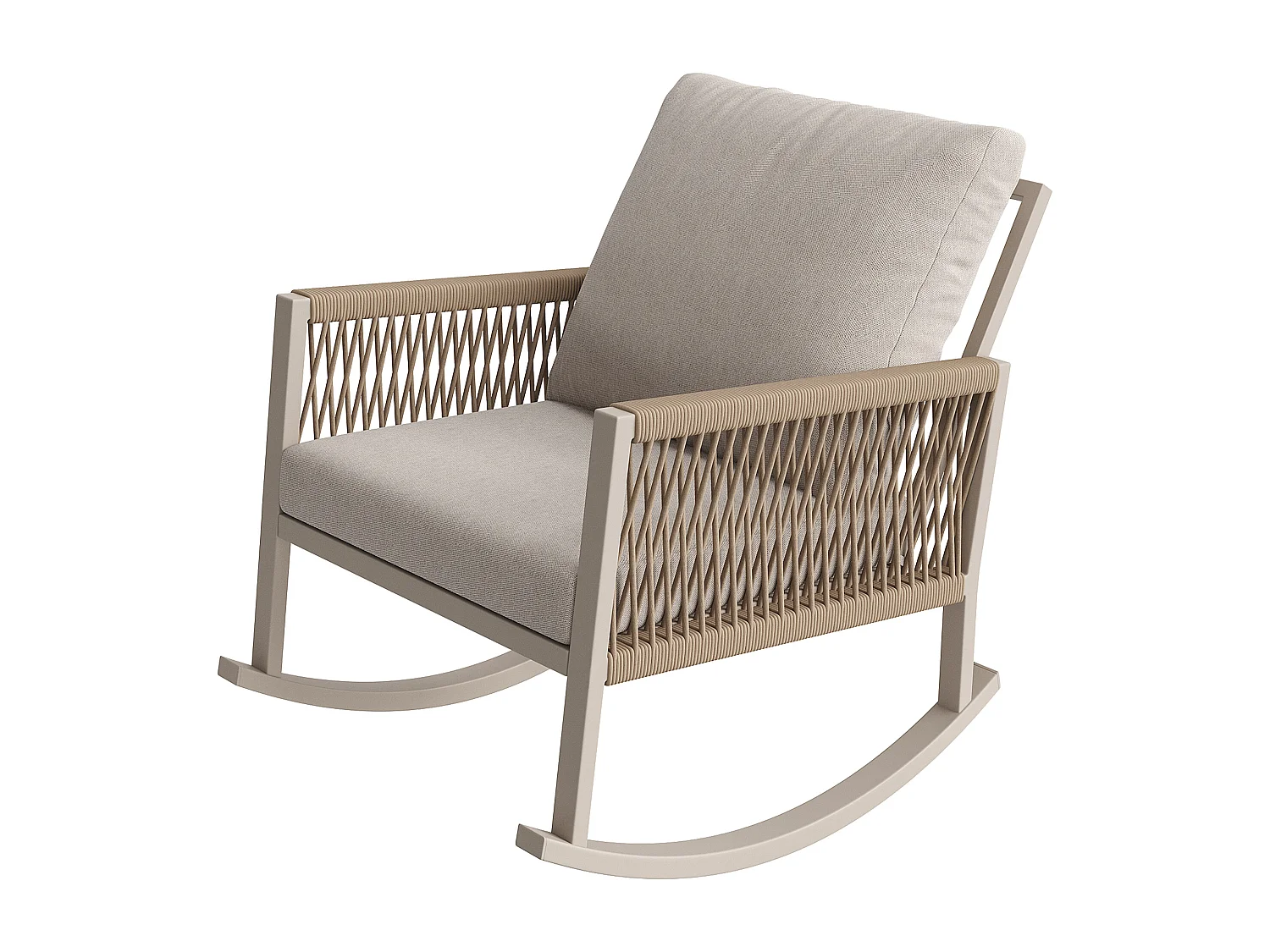 Fauteuil à Bascule de Jardin avec Accoudoirs en Corde Tressée Croisée - Rocking Chair d'Extérieur Design Moderne - Structure Métal - Beige