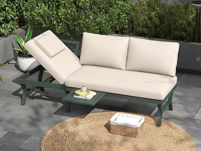 Salon de Jardin d'Angle en Acacia - Canapé avec Table Basse - Corde Tressée Artisanale - Coussins Déperlants - Vert