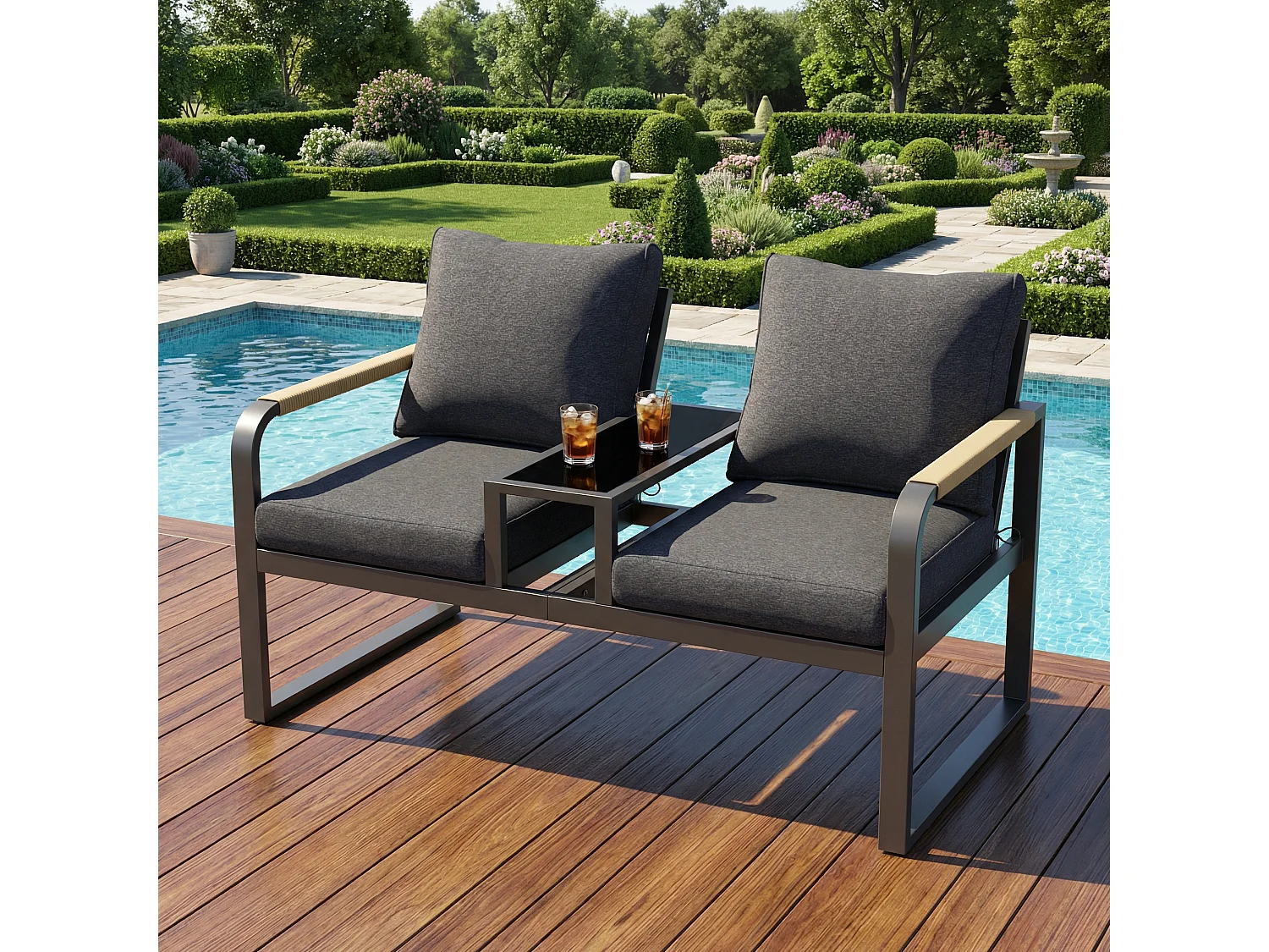 Banc de Jardin 2 Places avec Tablette en Verre Intégrée - Canapé d'Extérieur en Fer Galvanisé - Accoudoirs Tressés Anti-Chaleur - Gris